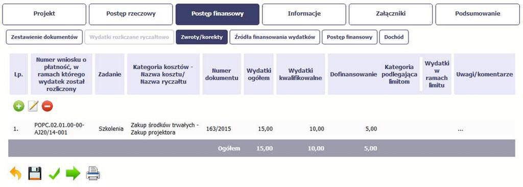 Jeżeli we wcześniejszych wnioskach o płatność rozliczyłeś/aś wydatki które zgodnie z aktualną umową nie powinny być rozliczone, w celu odzwierciedlenia prawidłowego postępu finansowego konieczne