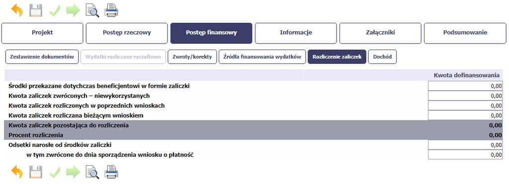 Jeżeli w ramach Twojego projektu zostały wypłacone środki w formie zaliczki, w tym polu wprowadź łączną wartość wszystkich zaliczek, które otrzymałeś/aś w wyniku realizacji projektu (nie pomniejszaj