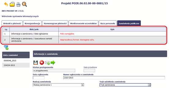 Jeżeli informacja będzie zawierała nieprawidłowe dane, system w specjalnym bloku Wynik