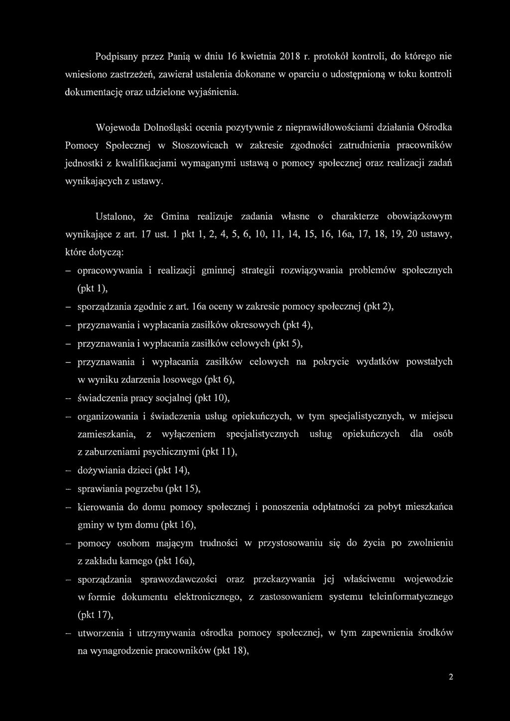 Wojewoda Dolnośląski ocenia pozytywnie z nieprawidłowościami działania Ośrodka Pomocy Społecznej w Stoszowicach w zakresie zgodności zatrudnienia pracowników jednostki z kwalifikacjami wymaganymi