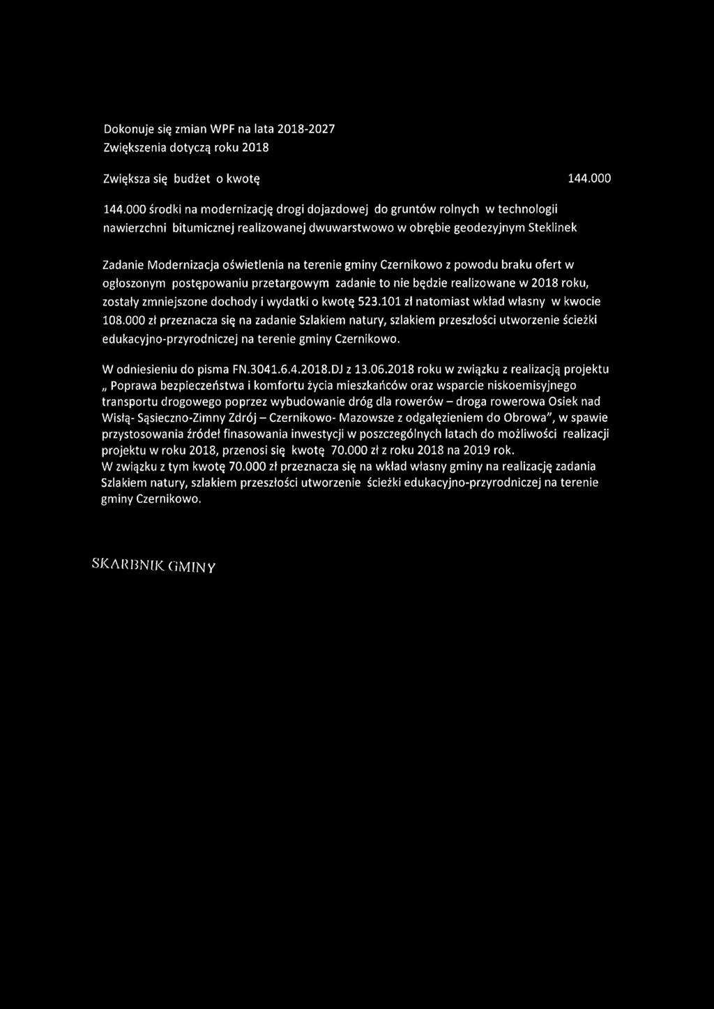 terenie gminy Czernikowo z powodu braku ofert w ogłoszonym postępowaniu przetargowym zadanie to nie będzie realizowane w 2018 roku, zostały zmniejszone dochody i wydatki o kwotę 523.