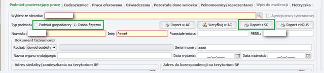 gospodarczych), a przycisk jest aktywny, gdy użytkownik ma uprawnienie do wywoływania usługi SG: Na zakładce Pełnomocnicy / reprezentanci został