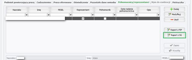 Przycisk jest aktywny, gdy reprezentant/pełnomocnik wybrany na liście ma podany numer PESEL, a użytkownik ma uprawnienie do wywoływania usługi SG.