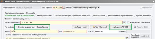 pracę, cudzoziemiec w sekcji Podmiot powierzający pracę zostały wprowadzone zmiany dotyczące przycisku Raport z PIP.