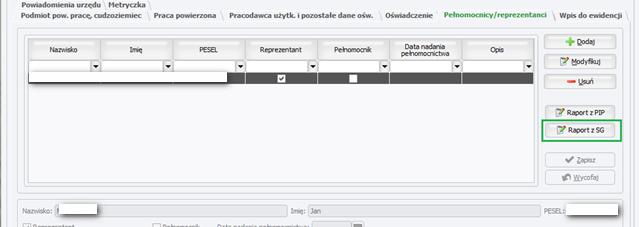 Zmiany na oknie ZC0009 Raport o pracodawcy Okno zostało rozbudowane tak, aby z jego poziomu użytkownik miał możliwość wywołania nowego raportu z SG w kontekście podmiotu powierzającego pracę