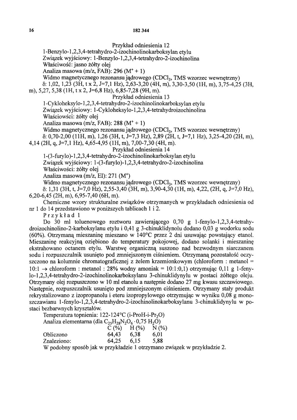 16 182 344 Przykład odniesienia 12 1 -Benzylo-1,2,3,4-tetrahydro-2-izochinolinokarboksylan etylu Związek wyjściowy: 1-Benzylo-1,2,3,4-tetrahydro-2-izochinolina Właściwość: jasno żółty olej Analiza