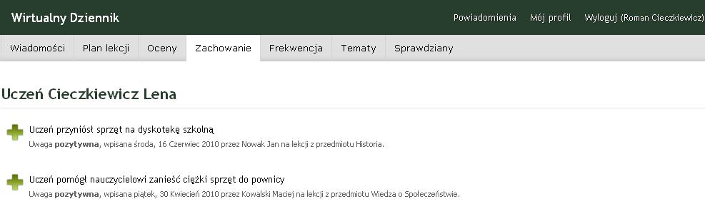 5. Menu Frekwencja Funkcja, dzięki której rodzic widzi częstotliwość uczęszczania swojego dziecka do szkoły. Po jej uruchomieniu widać ostatnie nieobecności dziecka.