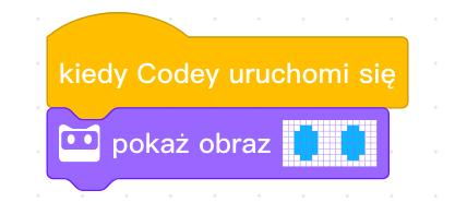 Przykładowy kod powinien wyglądać następująco. Kiedy robot zostanie włączony pokaże obrazek widoczny w okienku bloku Pokaż obraz.