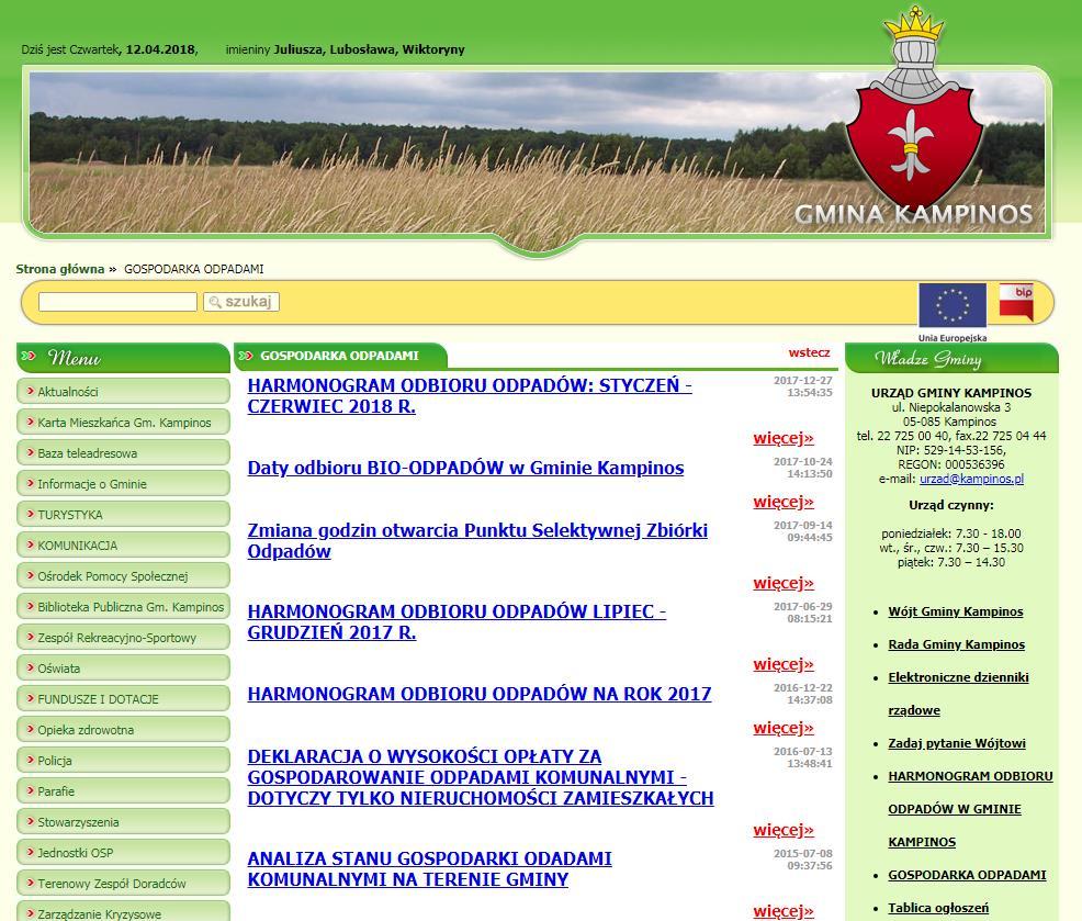 Green Key Analiza stanu gospodarki odpadami komunalnymi na terenie Gminy Kampinos za 2017 r. segregacji odpadów, harmonogramu odbierania odpadów, opłaty za gospodarowanie odpadami komunalnymi.