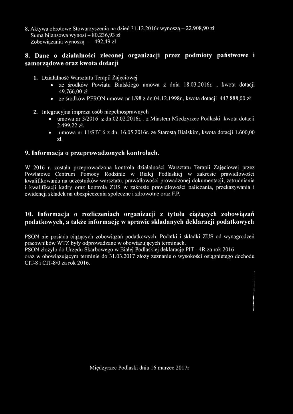 , kwota dotacji 49.766,00 zł ze środków PFRON umowa nr 1/98 z dn.04.12.1998r., kwota dotacji 447.888,00 zł 2. Integracyjna impreza osób niepełnosprawnych umowa nr 3/2016 z dn.02.02.2016r,.