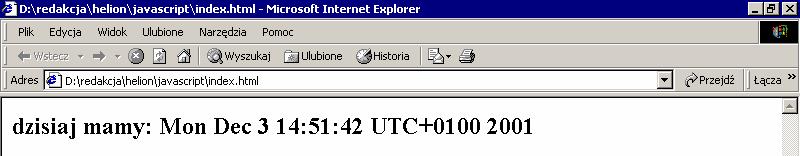 setdate() ustawia dzień miesiąca sethours() ustawia godzinę setminutes() ustawia minuty setmonth() ustawia numer miesiąca (styczeń ma numer 0) setseconds() ustawia sekundę settime() inicjuje obiekt
