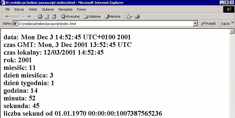 01.1970 00:00:00 setyear() togmtstring() tolocalestring () UTC() ustawia rok zwraca datę w postaci czasu GMT zwraca datę w postaci lokalnej zwraca liczbę sekund, które upłynęły od 01.01.1970 00:00:00 do daty podanej jako zestaw argumentów (liczby) Ćwiczenie 4.