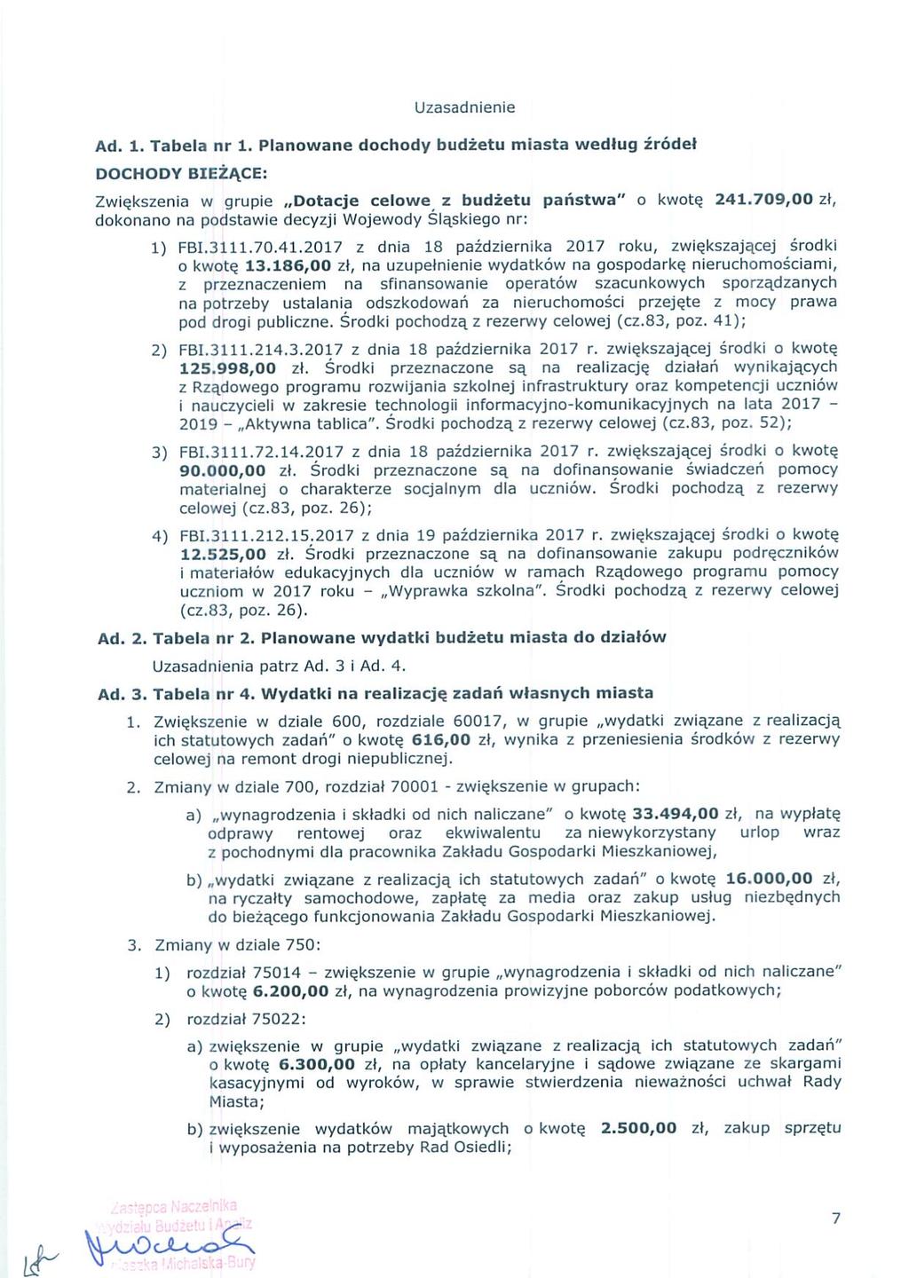 Uzasadnene Ad. 1. Tabela nr 1. Planowane dochody budżetu masta według źródeł DocHoDY BIEŻĄCE: Zwększe w grupe Dotacje celowe_ z budżetu państwa" o kwotę 241.