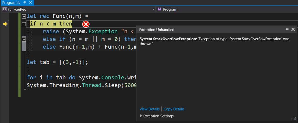 else Func(n-1,m) + Func(n-1,m-2) let list = [(2,-1)]; for i in list do printfn "%d" (Func(i)); System.Threadi