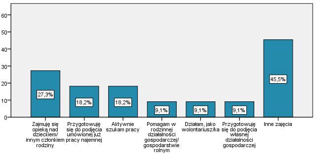 do podjęcia własnej działalności. Jedna osoba pomaga w rodzinnym gospodarstwie rolnym, jedna działa jako wolontariusz. Trzy osoby zajmują się opieką nad dzieckiem lub innym członkiem rodziny.