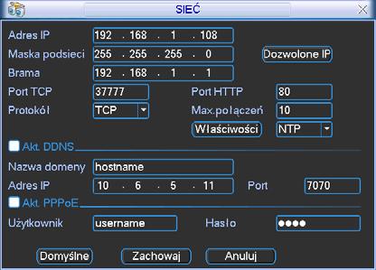 5.3.5 Sieć W podmenu tym, definiowane są wszystkie ustawienia dla sieci LAN (Rys 5-6): Adres IP Maska podsieci Brama sieciowa Port TCP: Domyślna wartość: 37777.