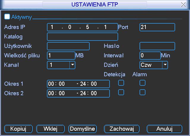 Rysunek 5-10 Uaktywnij pole obok napisu Aktywny, aby uaktywnić funkcję FTP. Na serwer FTP może odbywać się automatyczne kopiowanie materiału Video w momencie wykrycia ruchu lub momencie alarmu.