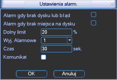 Ponadto można wybrać wyjście alarmowe, które będzie załączanie w momencie tego zdarzenia (1-6) oraz czas jego aktywacji (0 do 240 sekund).