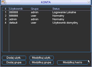 5.5.4 Nagrywanie Szczegóły zostały opisane w sekcji 4.2.2. 5.5.5 Konta Menu to jest przeznaczone do zarządzania użytkownikami rejestratora (rys 5-22) i posiada następujące możliwości: Dodawanie
