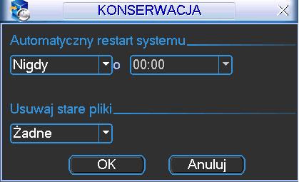 5.5.6 Konserwacja W tym podmenu można zdefiniować automatyczne restartowanie systemu oraz kasowanie starych plików (rys 5-23). Poszczególne opcje wybierane są z rozwijanej listy. Rysunek 5-23 5.5.7 Ustawienia monitora Poniższe okno pozwala na definiowanie ustawień monitora: liniowość, pozycja wyświetlania i parametry obrazu (rys 5-24) Każdy z parametrów jest ustawiany za pomocą suwaków.