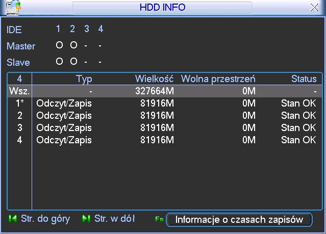 5.6.1 HDD INFO Menu to zawiera informacje o pojemności podłączonych dysków, wolnej przestrzeni, czasie nagrania oraz ich stanie (rys 5-34).