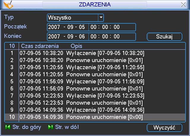 5.6.3 Zdarzenia Po wejściu do tego menu, zostanie wyświetlona lista zdarzeń rejestratora. Korzystając z rozwijanej listy, można ustawić filtrowanie według typów oraz daty ich powstania.