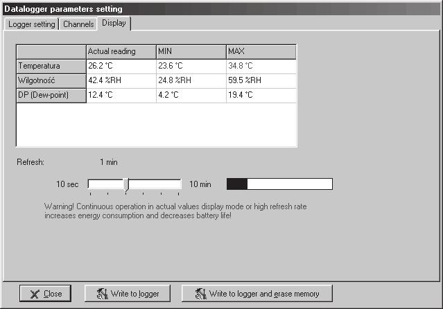 4.3. CI G Y PODGL D WARTOŒCI MIERZONYCH (TRYB ONLINE) Ci¹g³y podgl¹d kana³ów mo na uzyskaæ poprzez wywo³anie okna Datalogger parameters setting (wywo³uj¹c z g³ównego okna programu polecenie
