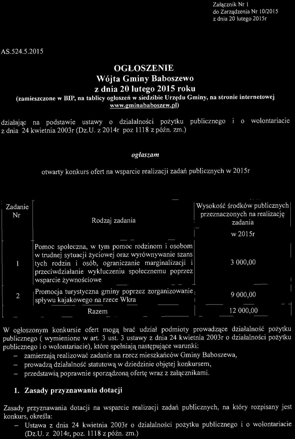 gminababoszew.pl) działając na podstawie ustawy o działalności poż ytku publicznego o wolontariacie z dnia 24 kwietnia 2003r (Dz.U, z 20 14r poz 1118 z pó źno zm.