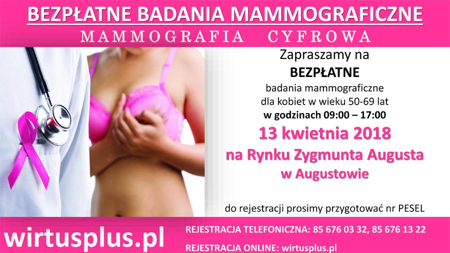 Zaproszenie badania na bezpłatne W związku z ogólnopolskim Programem Profilaktyki Raka Piersi realizowanym przez Narodowy Fundusz Zdrowia, zapraszamy mieszkanki Augustowa i okolic do wzięcia udziału