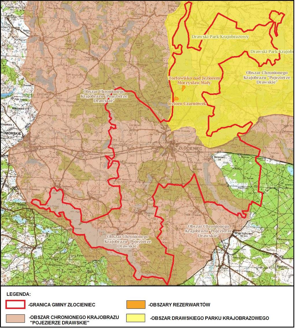 Rycina 2. Lokalizacja DPK, rezerwatów i OChK Pojezierze Drawskie na tle granic gminy Złocieniec - Rezerwat Jezioro Czarnówek - o powierzchni 11,88 ha utworzony został w 1974 roku.