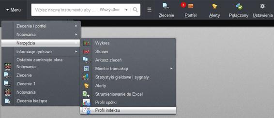 1. OPIS OKNA Profil indeksu to rodzaj zakładki, w której prezentowane są informacje dotyczące polskich indeksów giełdowych, takich jak indeksy główne, indeksy narodowe, indeksy sektorowe, indeksy