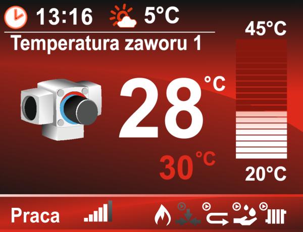 Uwaga!!! W przypadku ustawienia pracy zaworu w trybie pogodowym możliwość ustawienia temperatury jest zablokowana co sygnalizowane jest wyświetleniem kłódki w miejsce bargrafu.