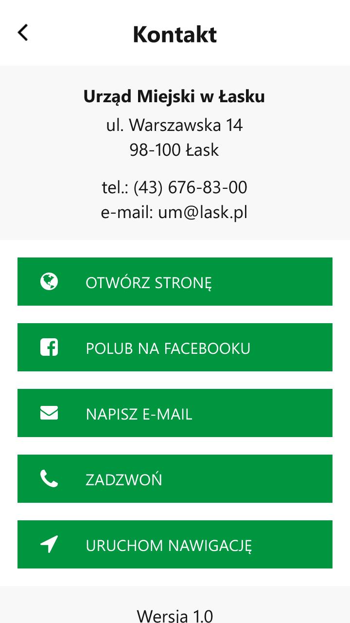 Kontakt Ekran ten dostępny jest w dwóch wersjach językowych (polskiej oraz angielskiej) i przedstawia dane kontaktowe, w tym adres oraz numer telefonu.