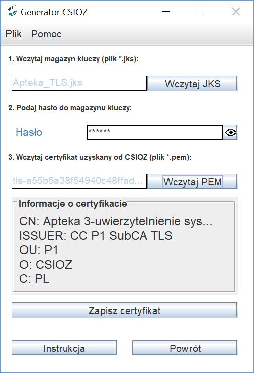 2. Do wygenerowania pliku *.p12 niezbędne jest uzupełnienie wszystkich pól w formularzu. W tym celu należy wczytać plik magazynu kluczy *.