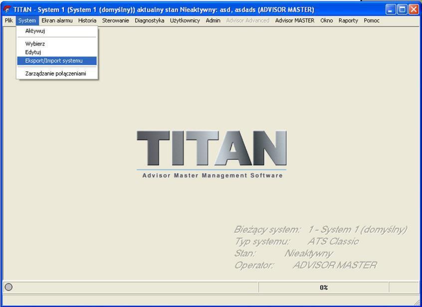 e) Jeśli system, z którego mamy pobrać konfigurację nie jest zaimportowany do programu TITAN należy go najpierw zaimportować. W oknie, które się pojawi wybrać zakładkę Import.