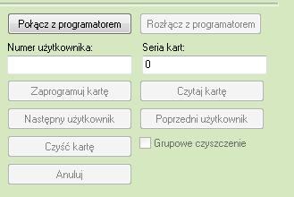 Połącz z programatorem łączy kartę z wcześniej określonym programatorem; Rozłącz z programatorem rozłącza kartę z programatorem; Numer użytkownika numer danego użytkownika; Seria kart seria kart