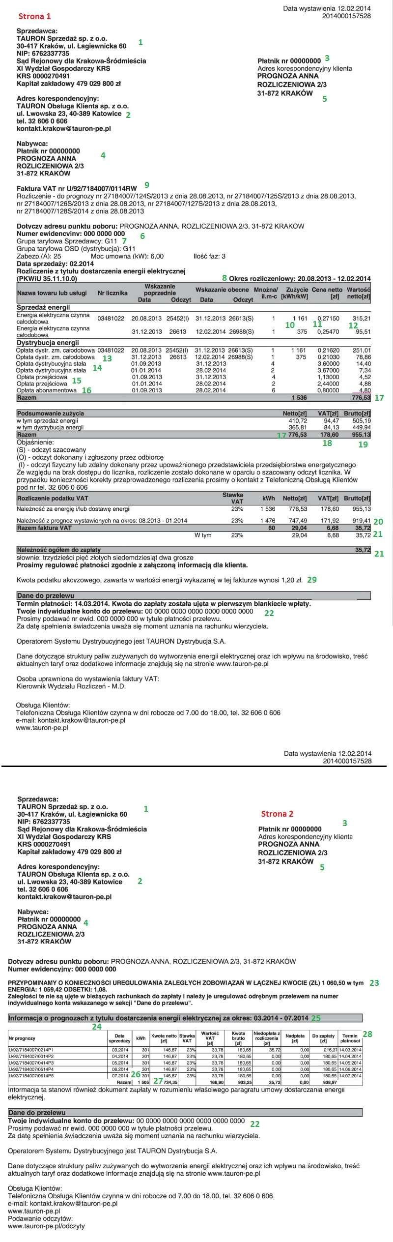 Arkusz ewidencji zużycia energii elektrycznej - instrukcja Prąd (Energia elektryczna) - Liczba na Koszt na Rok Dzień Miesiąc Wskazanie Koszt liczba dni do dni licznika rozliczenia 20 25 452 11 30 31