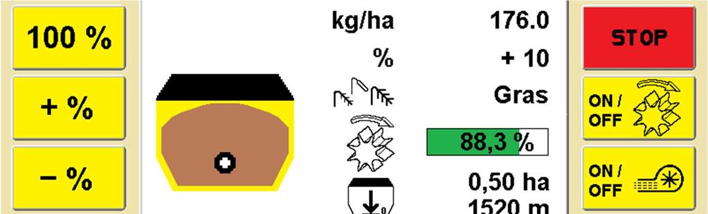 12 3.2 Menu Work Rys.: 8 Opis funkcji przycisków Tym przyciskiem można włączyć lub wyłączyć wałek wysiewający. Jeśli zamontowana jest dmuchawa elektryczna, uruchomi się ona automatycznie.