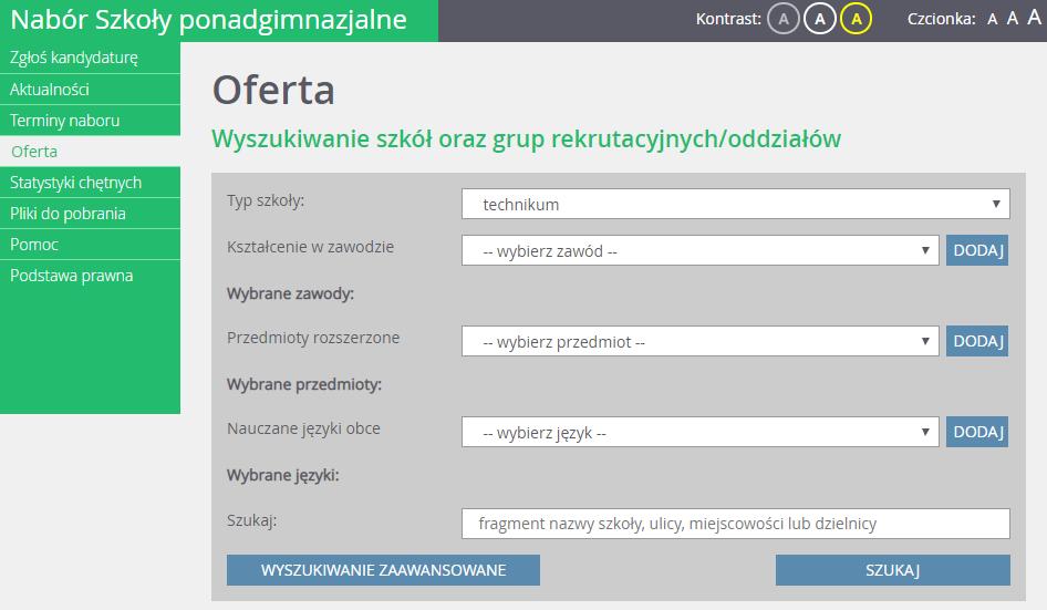dodatkowe parametry wyszukiwania: przedmioty rozszerzone (licea