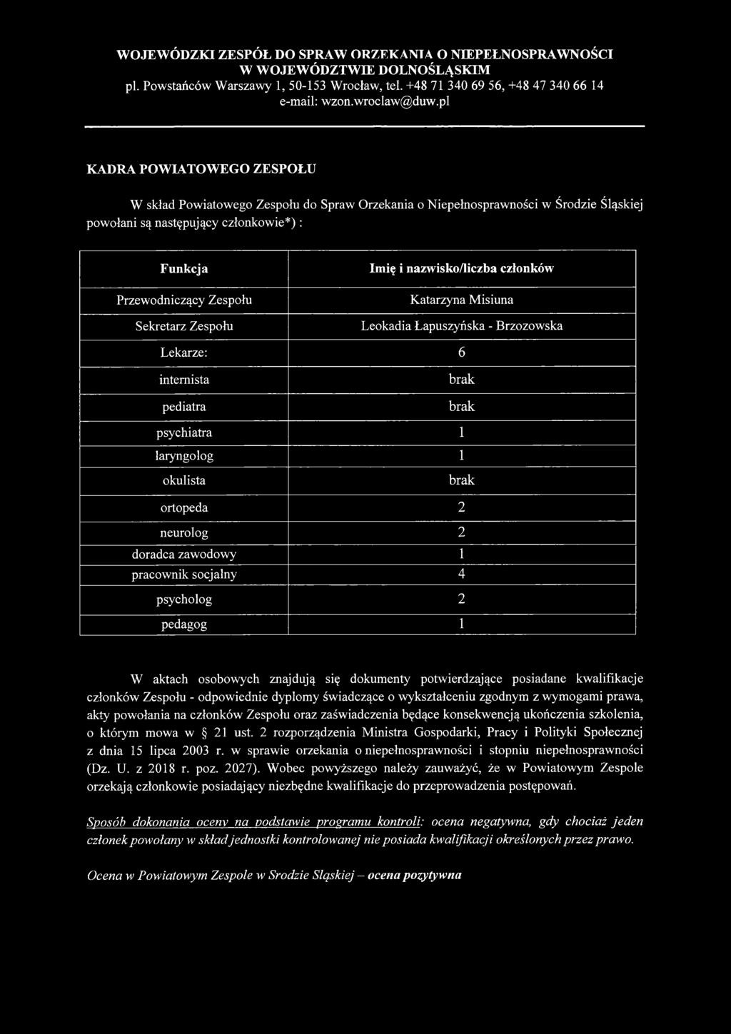 Przewodniczący Zespołu Sekretarz Zespołu Imię i nazwisko/liczba członków Katarzyna Misiuna Leokadia Łapuszyńska - Brzozowska Lekarze: 6 internista pediatra brak brak psychiatra 1 laryngolog 1