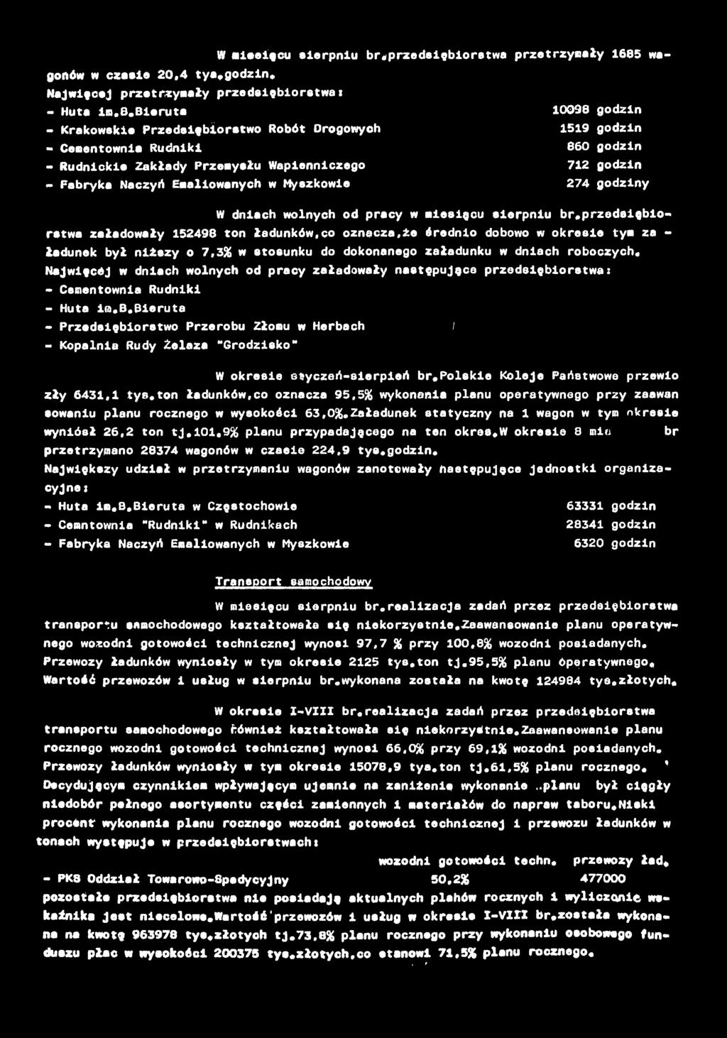 W mieeięcu sierpniu r»przedsięiorętw przetrzymły 1685 wgonów w czrnie 20,4 ty.godzin* Njwięcej przetrzymły przedsięiorstw: - Hut im.b.