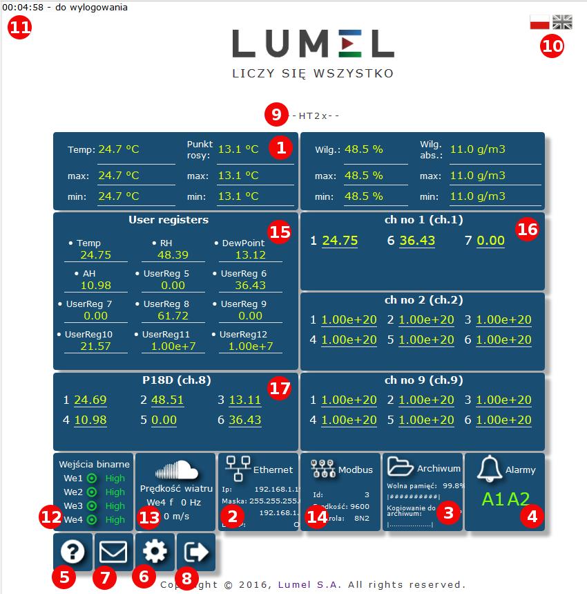 22 5.7.3.1 Widk gólny Rys.17. Widk gólny głównej strny serwisu WWW Opis funkcji pszczególnych kafelków serwisu WWW: 1) Widk pmiarów i p kliknięciu na kafelek wyświetlanie wykresów z trendami.