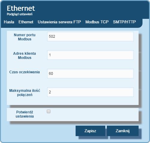 Rys.29. 31 Widk kna knfiguracji parametrów Mdbusa TCP na kafelku Ethernet Zaimplementwany prtkół jest zgdny ze specyfikacją PI-MBUS-300 Rev G firmy Mdicn. 5.7.6.1. Opis zaimplementwanych funkcji W rejestratrach HT25 zaimplementwane zstały następujące funkcje MODBUS: 03 (03h) dczyt grupy rejestrów.