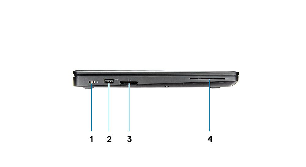 Widok z lewej strony 1 Display Port przez USB Type-C z opcjonalną technologią Thunderbolt 3 2 Port USB 3.