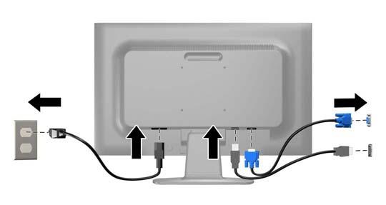 5. Podłącz jeden koniec przewodu zasilającego do gniazda zasilania z sieci elektrycznej (z tyłu monitora), a jego drugi koniec do ściennego gniazda sieci elektrycznej. OSTRZEŻENIE!
