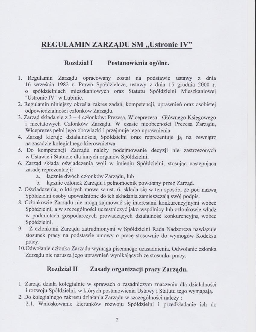 REGU MIN ZARZ DU SM Ustro IV Rozdział I Postanowienia ogólne. Regulamin ZarĘdu opracowany zostal na pudstawie uslawy z dnia 16 września 1982 r. Prawo Spółdzielcze, ustawy z dnia 15 grudnia 2000 r.