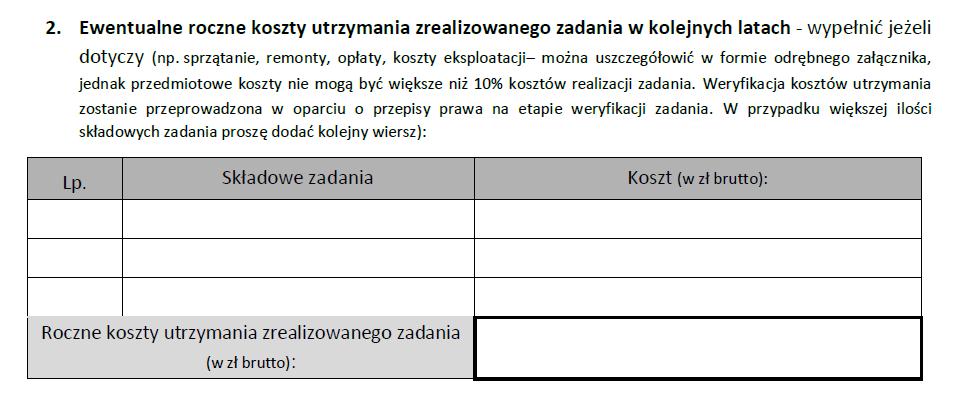 Wypisz wszystkie składowe koszty utrzymania zadania i zsumuj je w tym polu. Jeśli potrzebujesz więcej wierszy w tabeli, możesz je łatwo dodać (np. w generatorze wniosków lub pliku w formacie.