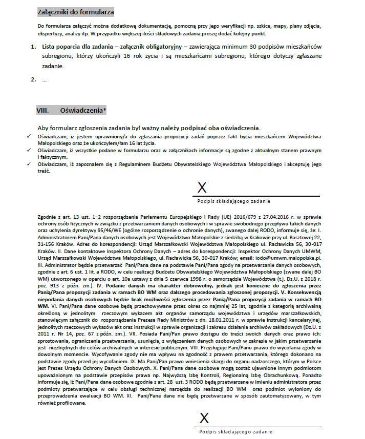 UWAGA! Do zgłoszenia zadania należy obowiązkowo załączyć podpisaną listę poparcia zadania, której wzór znajdziesz na www.bo.malopolska.