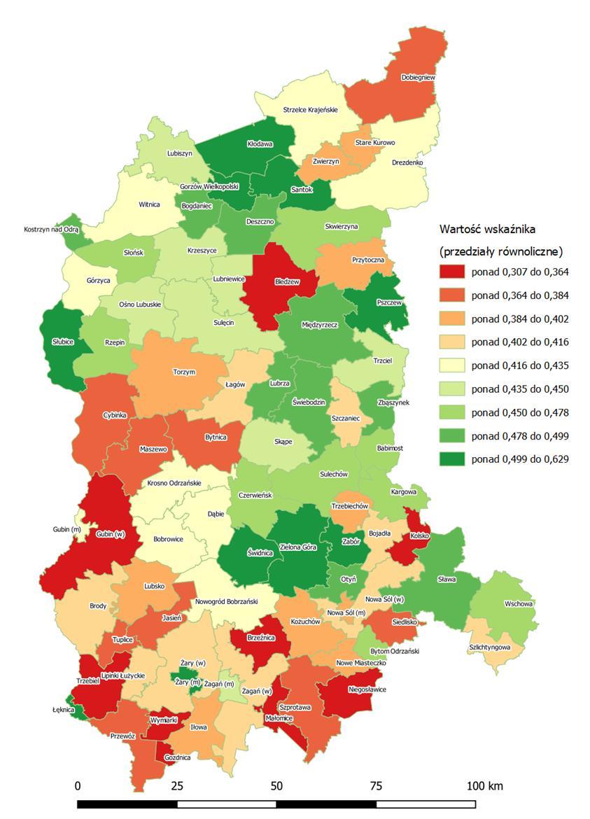 Analiza sytuacji społeczno-ekonomicznej gmin województwa lubuskiego Mapa ilustrująca sytuację ogółem z uwzględnieniem wszystkich obszarów (2017 r.).