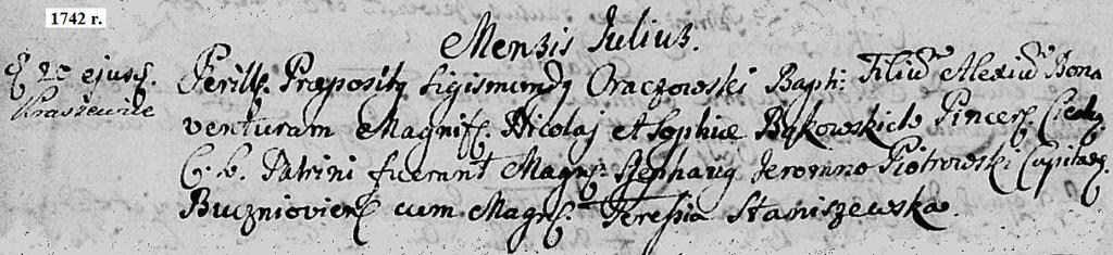 ciechanowskich. Rodzicami chrzestnymi byli Urodzony Józef Święcicki z Urodzoną panną Marianną Załuską. - metryka zgonu Aleksy Bonawentura Jaxa-Bąkowski ur. 20.07.1742 r. w Kraszewicach zm. 13.06.